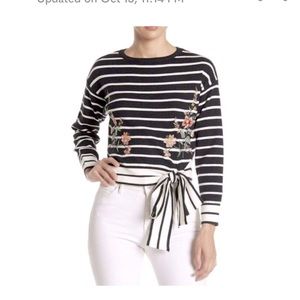 J.O.A. embroidered floral striped tie-waist sweater